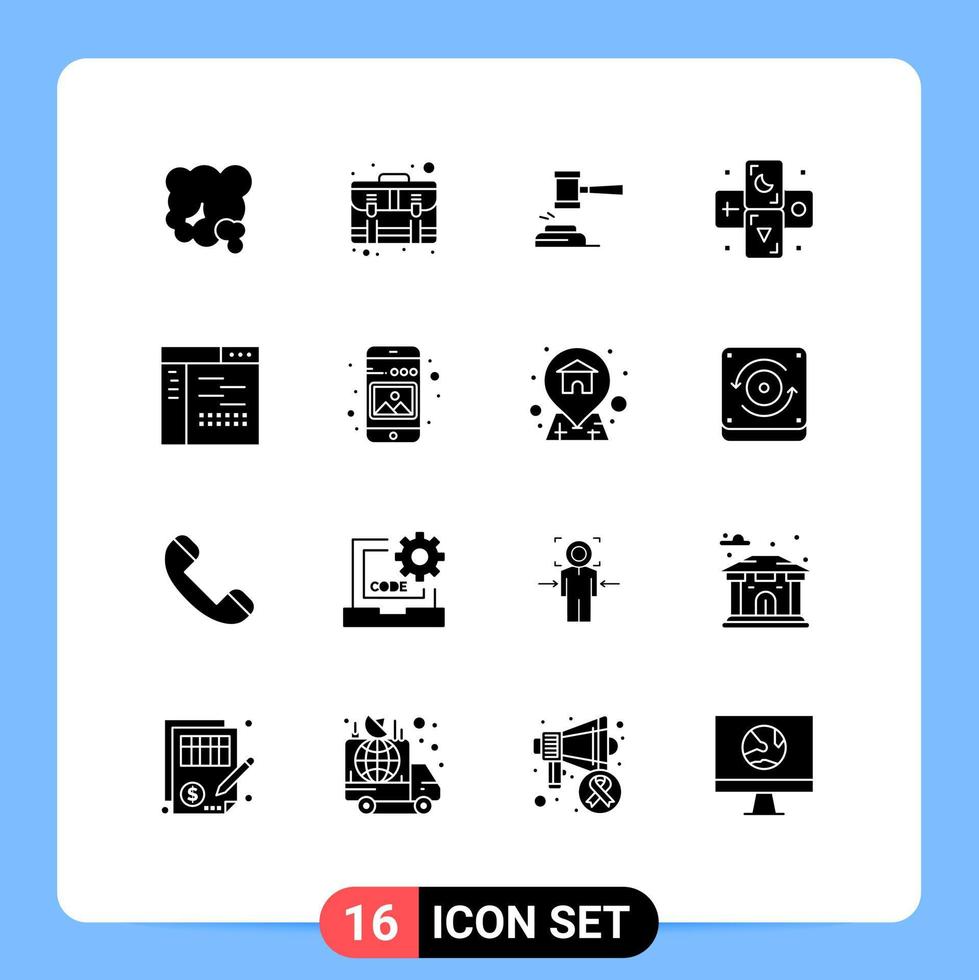 Pack of 16 creative Solid Glyphs of legal judge suitcase hammer court Editable Vector Design Elements