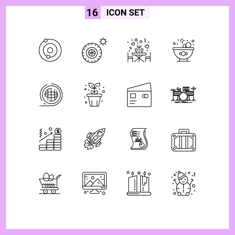 Editable Vector Line Pack of 16 Simple Outlines of terra planet romantic environment salad Editable Vector Design Elements