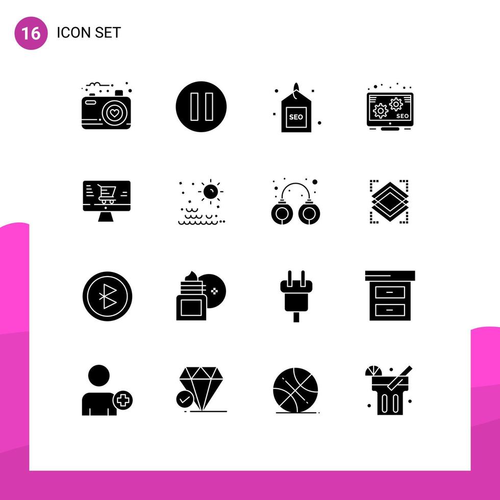 Set of 16 Vector Solid Glyphs on Grid for sea online optimized monitor promotion Editable Vector Design Elements
