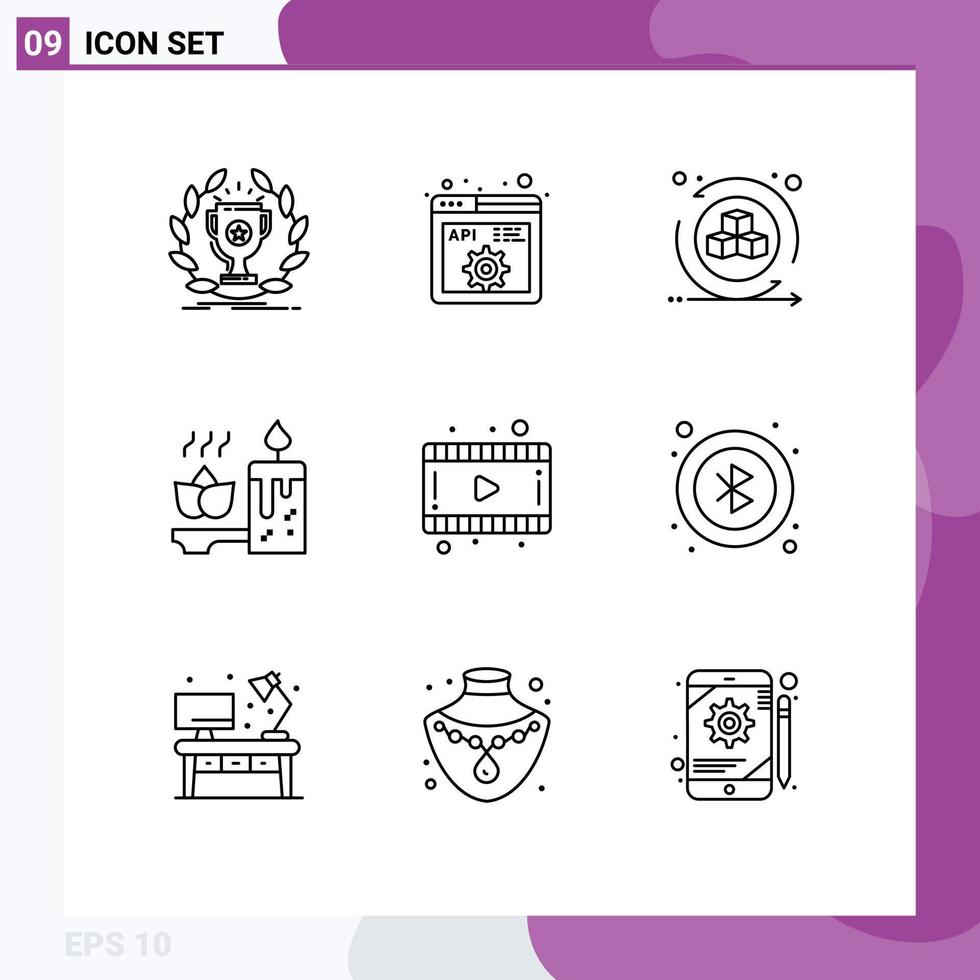 Modern Set of 9 Outlines and symbols such as film relaxation programming candle virtual Editable Vector Design Elements
