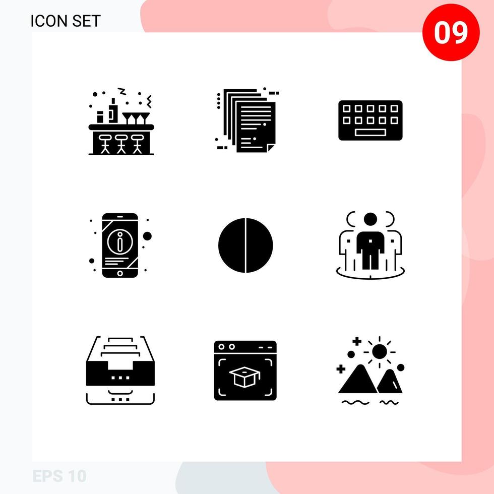 Mobile Interface Solid Glyph Set of 9 Pictograms of antialiasing mobile information paper mobile key Editable Vector Design Elements