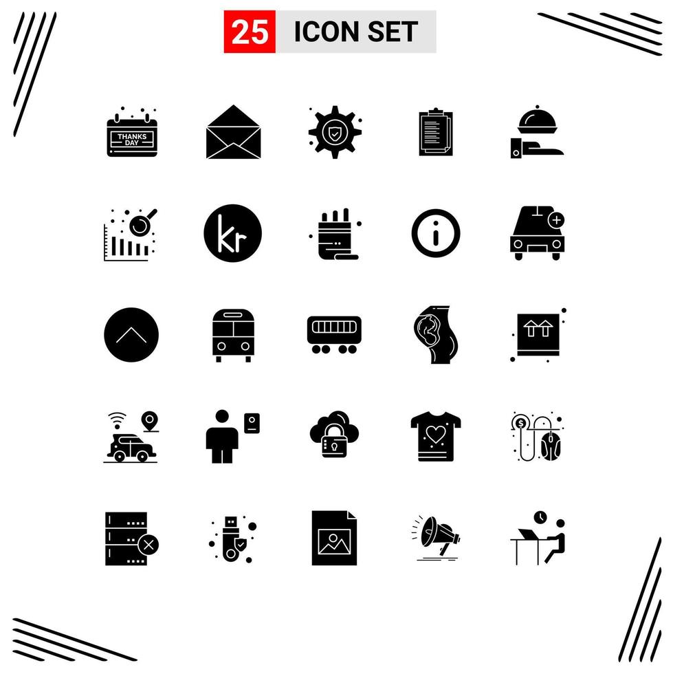 25 Thematic Vector Solid Glyphs and Editable Symbols of serving line gear insurance food result Editable Vector Design Elements