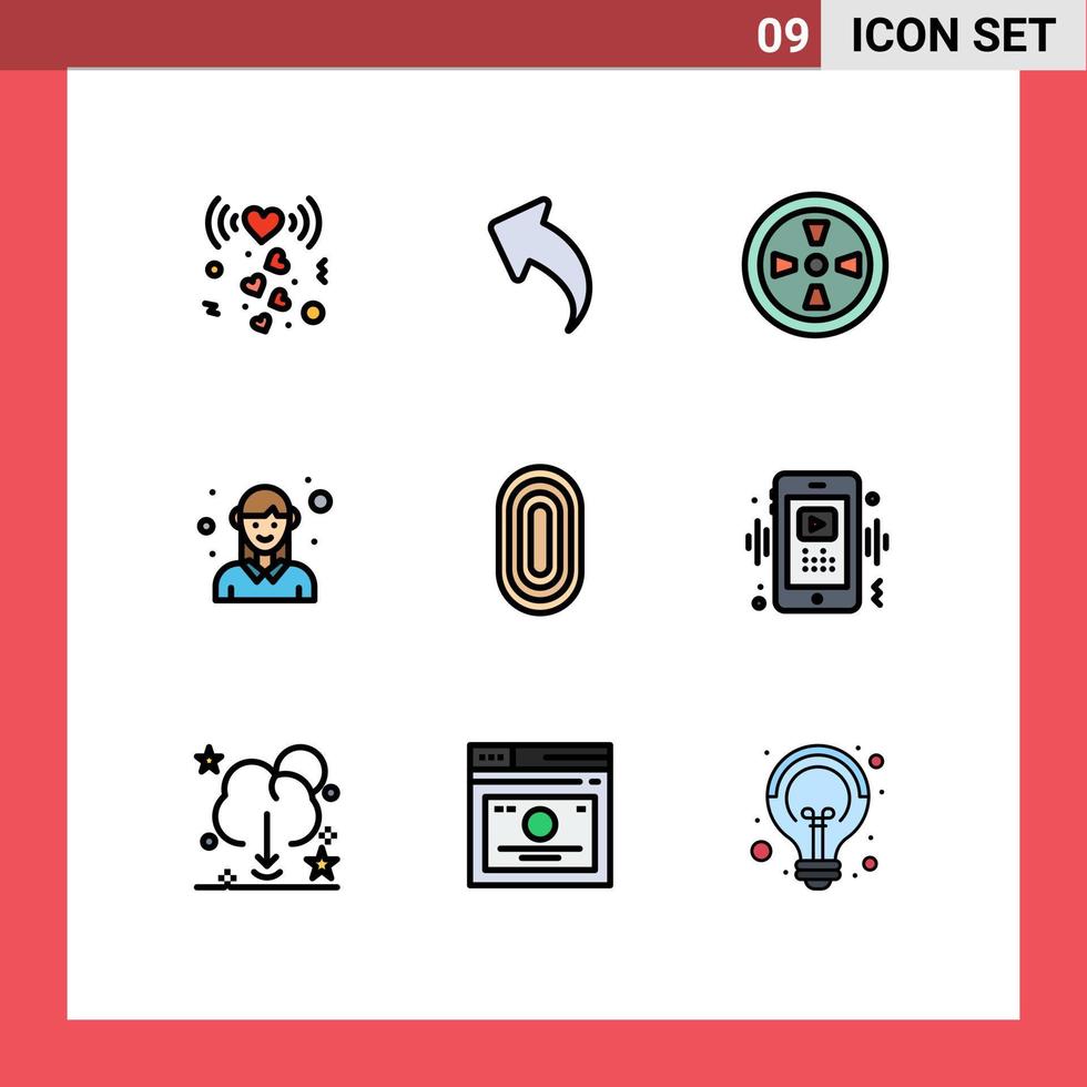 Mobile Interface Filledline Flat Color Set of 9 Pictograms of ornament adornment turbine worker female Editable Vector Design Elements