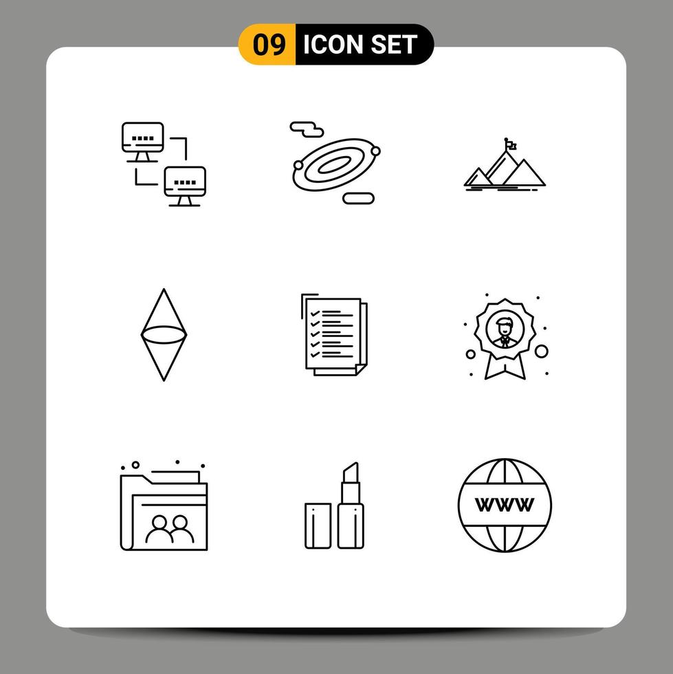 Group of 9 Outlines Signs and Symbols for work task check list mountain money coin Editable Vector Design Elements