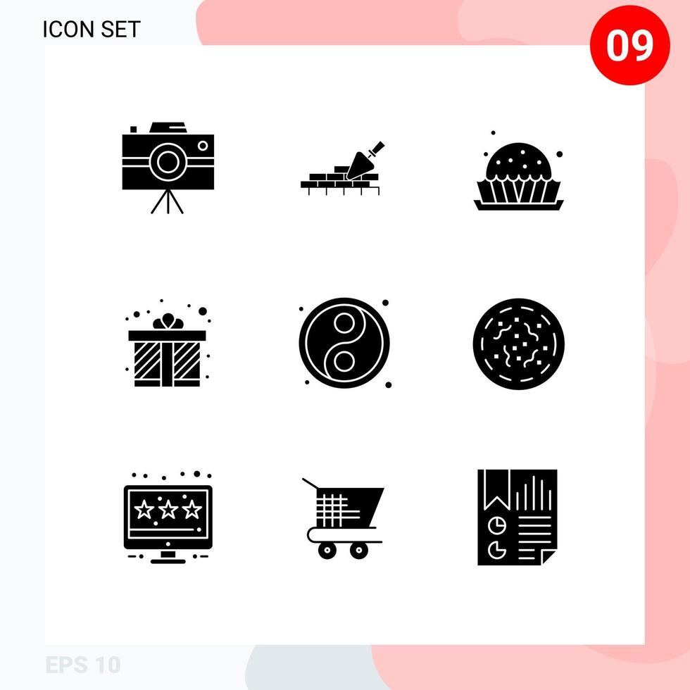 Mobile Interface Solid Glyph Set of 9 Pictograms of ball love dessert present gift Editable Vector Design Elements