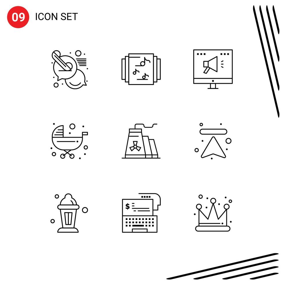 Set of 9 Vector Outlines on Grid for construction trolley advertising stroller kids Editable Vector Design Elements