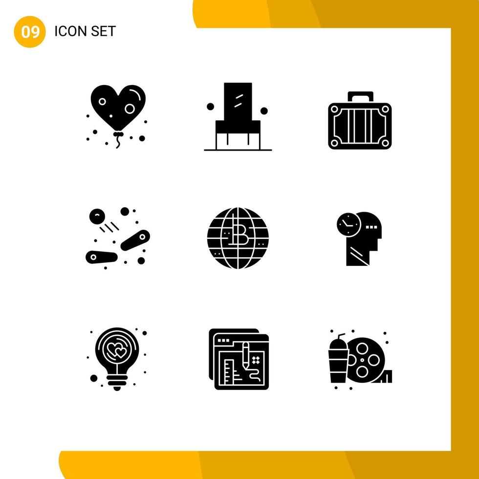 Group of 9 Modern Solid Glyphs Set for blockchain future of money holiday play fun Editable Vector Design Elements