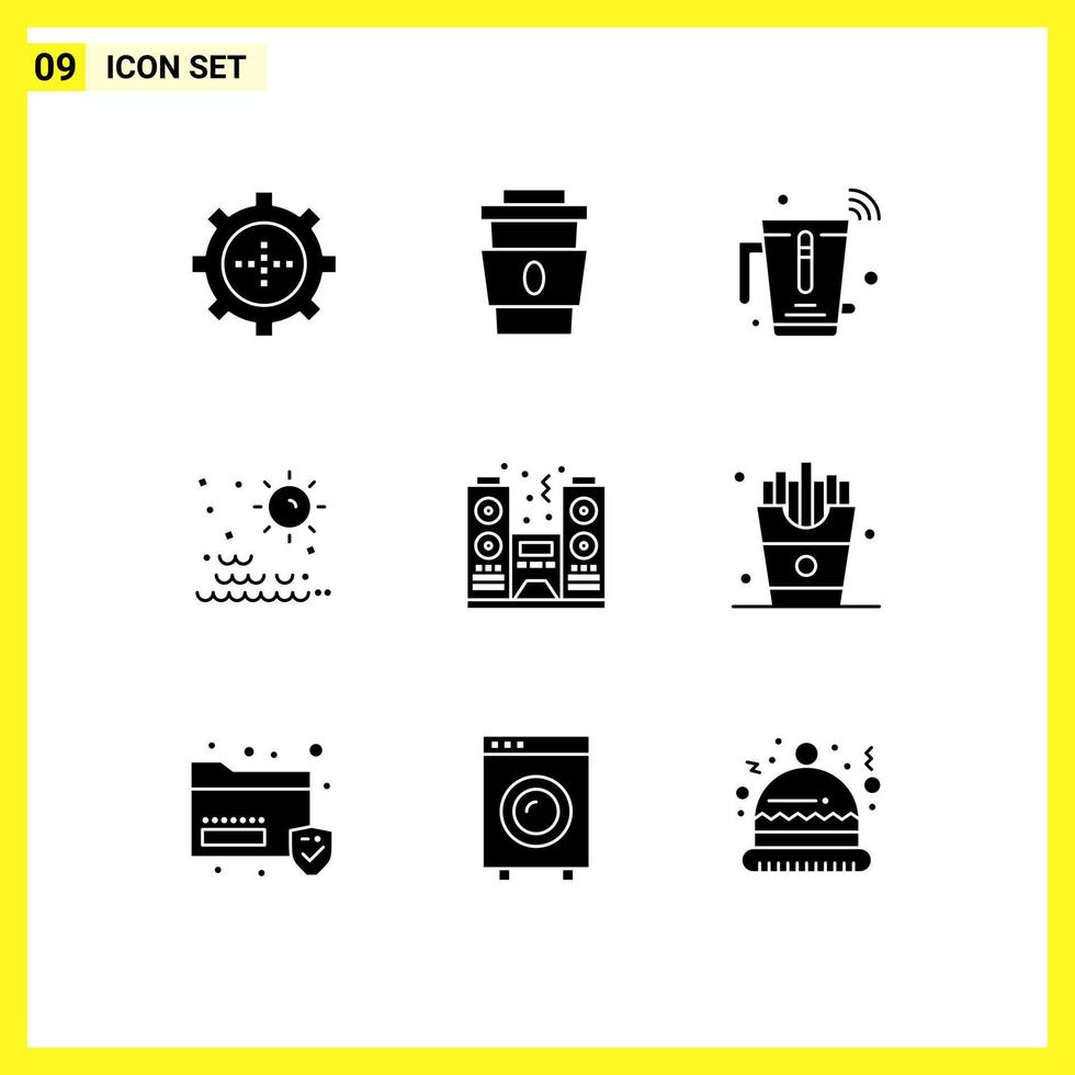 Mobile Interface Solid Glyph Set of 9 Pictograms of sunset sun food sea wifi Editable Vector Design Elements