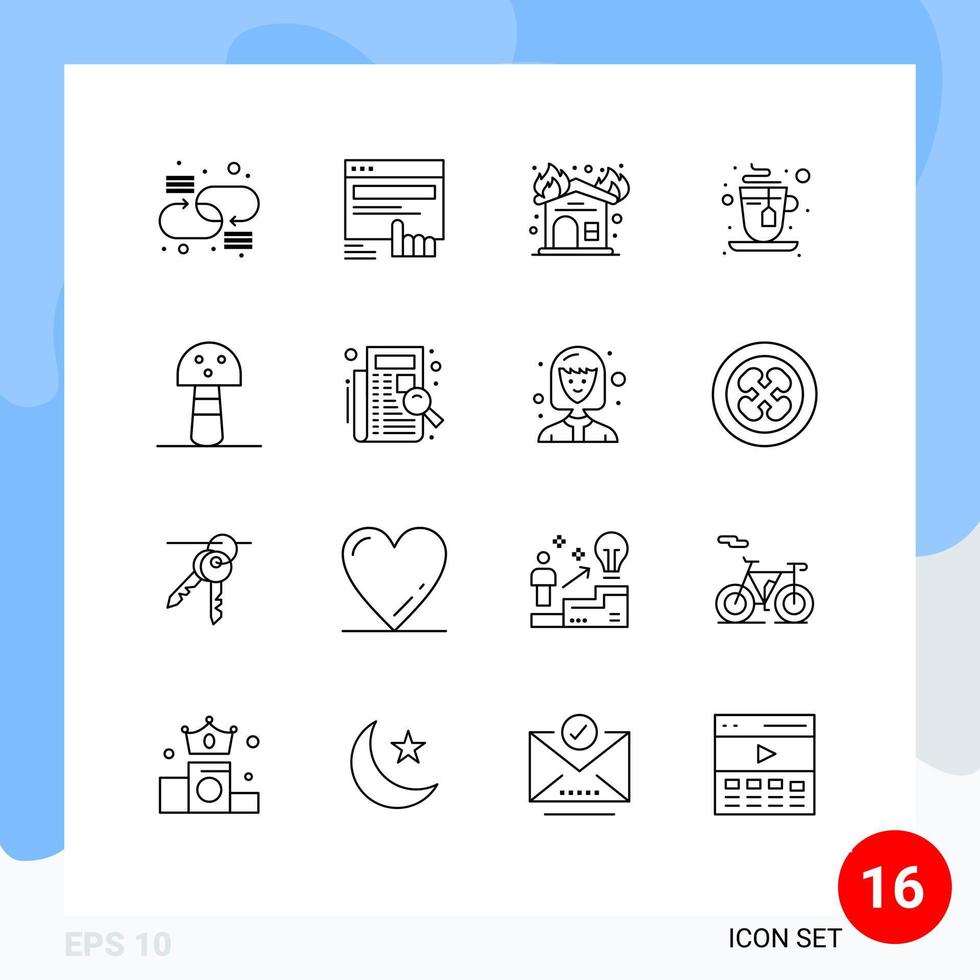 Set of 16 Modern UI Icons Symbols Signs for mushroom tea website hot firehouse Editable Vector Design Elements