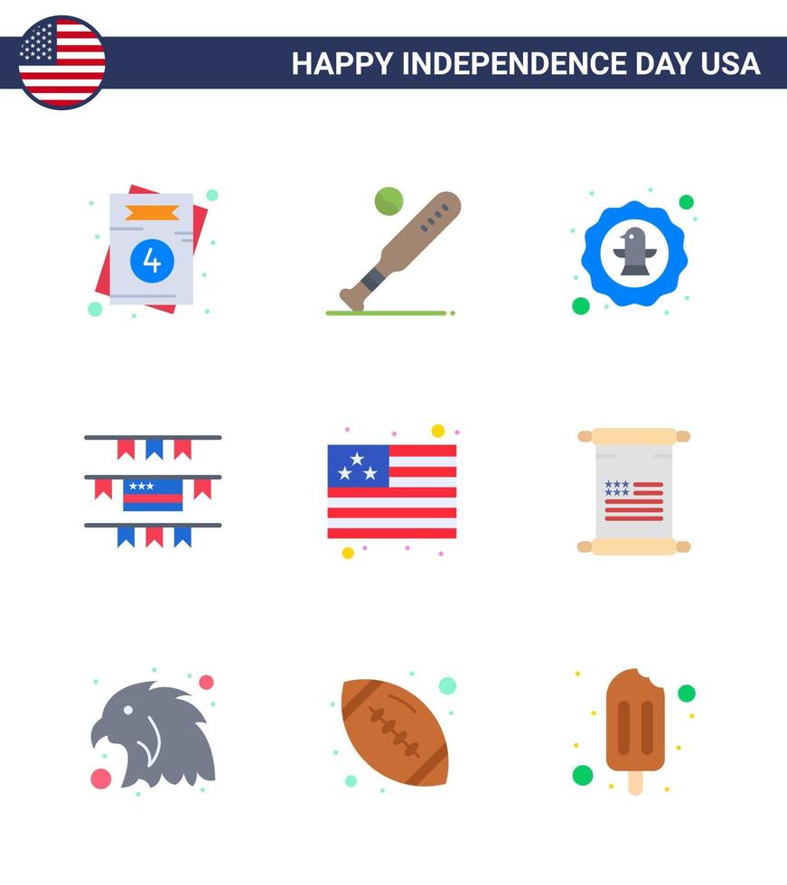 Modern Set of 9 Flats and symbols on USA Independence Day such as country party decoration usa buntings eagle Editable USA Day Vector Design Elements