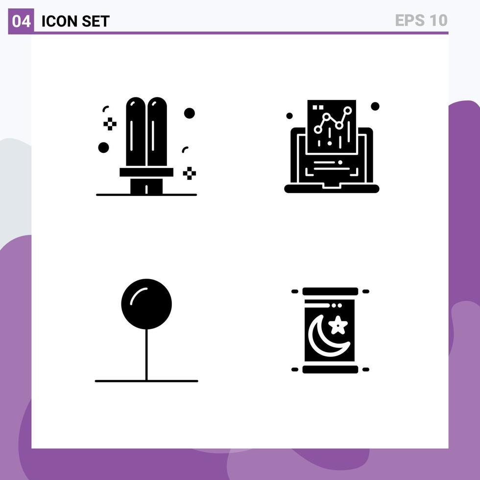 conjunto de pictogramas de 4 glifos sólidos simples de bombilla coordinada puntero de documento fluorescente elementos de diseño vectorial editables vector