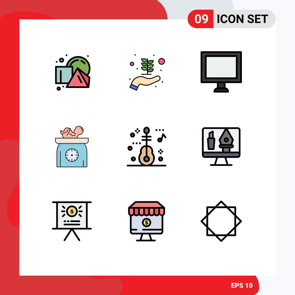 Pictogram Set of 9 Simple Filledline Flat Colors of travel guitar display kid new born Editable Vector Design Elements