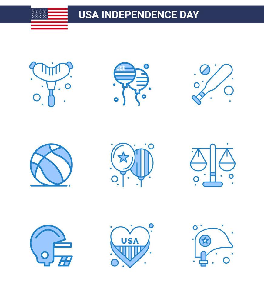 Happy Independence Day 4th July Set of 9 Blues American Pictograph of party celebrate bat balloons american Editable USA Day Vector Design Elements