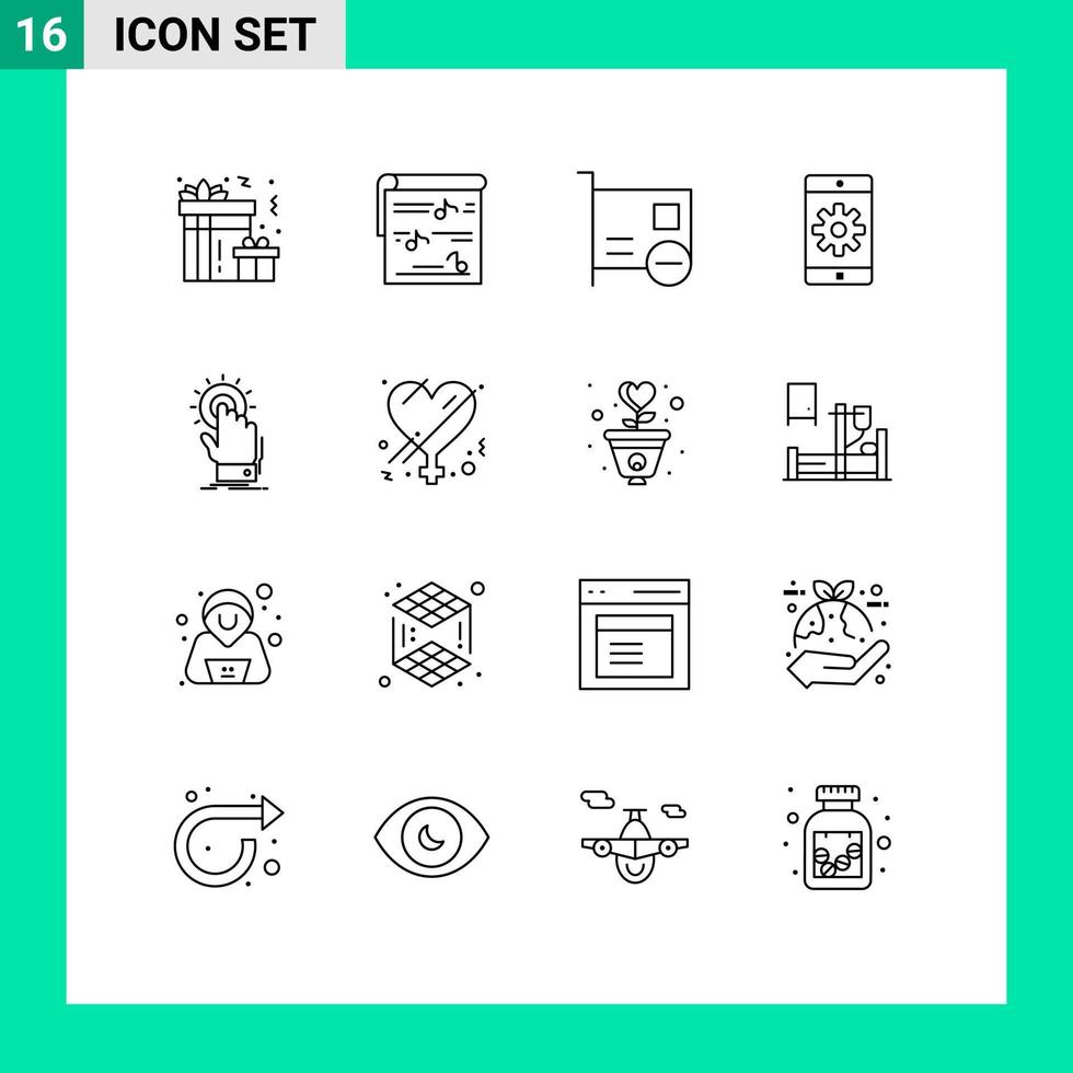 Mobile Interface Outline Set of 16 Pictograms of setting mobile video application hardware Editable Vector Design Elements