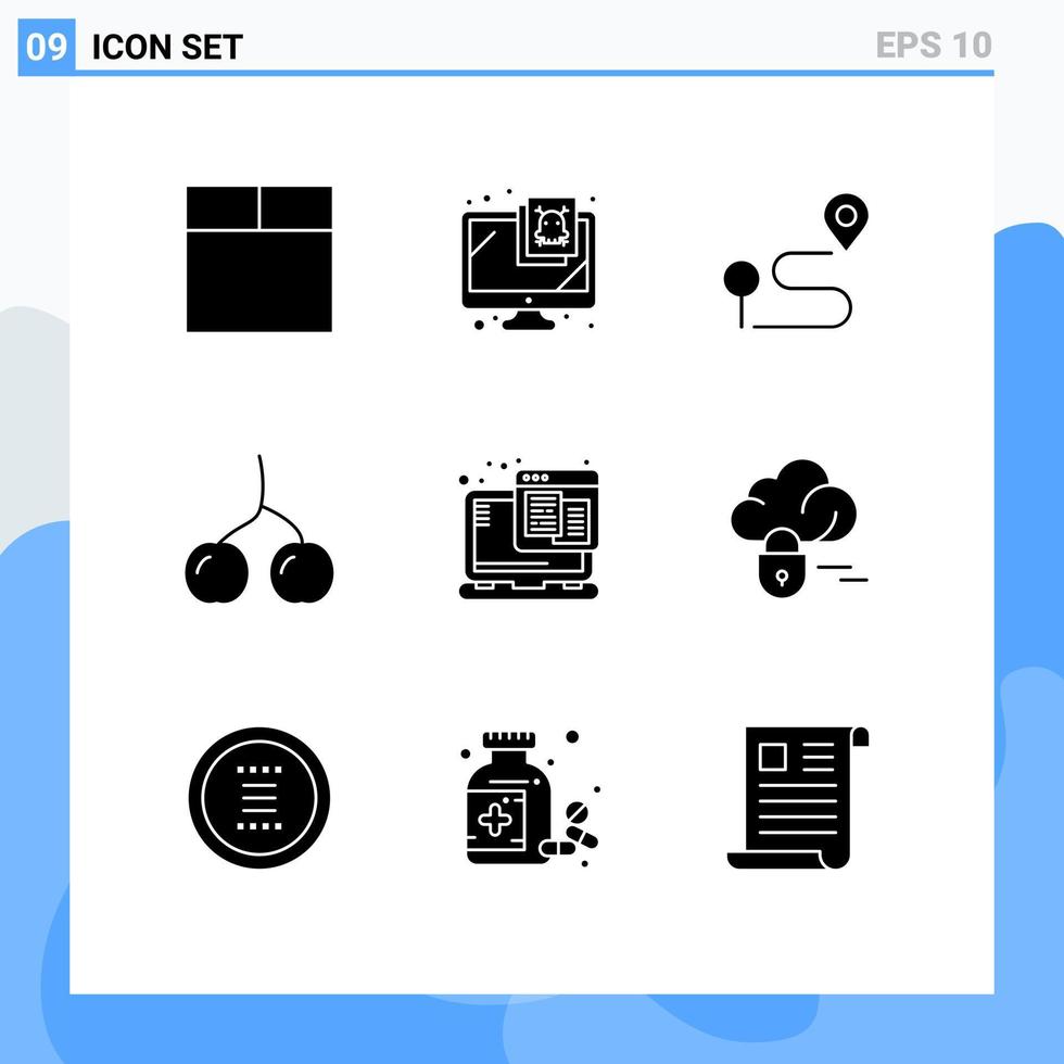 Group of 9 Solid Glyphs Signs and Symbols for cloud web hosting navigation web food Editable Vector Design Elements