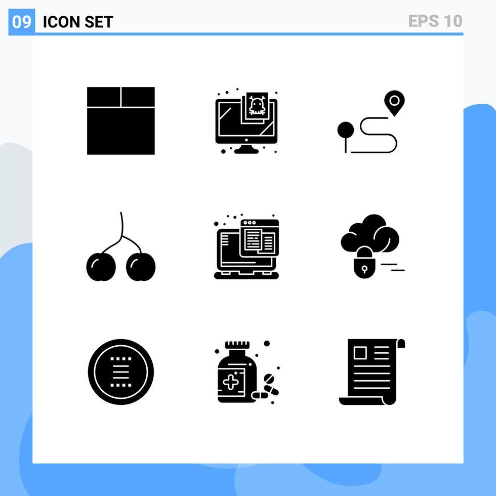 grupo de 9 signos y símbolos de glifos sólidos para elementos de diseño de vectores editables de alimentos web de navegación de alojamiento web en la nube