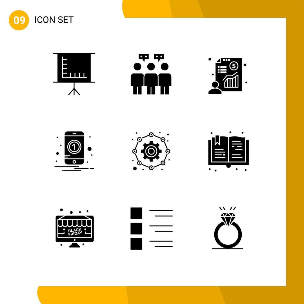 conjunto moderno de 9 glifos y símbolos sólidos, como la presentación de configuración de trabajo, afiliado a un elemento de diseño vectorial editable vector