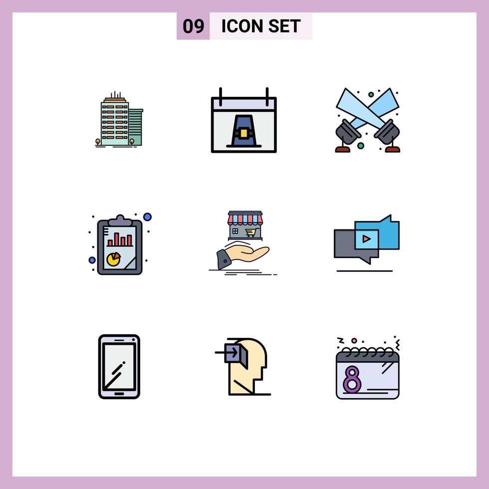 Modern Set of 9 Filledline Flat Colors Pictograph of shop seo pilgrim report disco light Editable Vector Design Elements