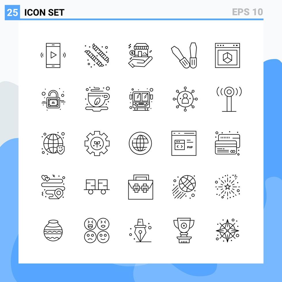 iconos de estilo moderno de 25 líneas delinean símbolos para uso general signo de icono de línea creativa aislado sobre fondo blanco paquete de 25 iconos fondo de vector de icono negro creativo