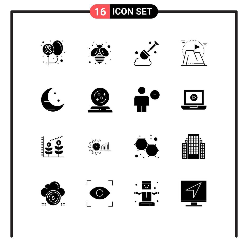 Pack of 16 creative Solid Glyphs of moon mountain construction mission flag Editable Vector Design Elements