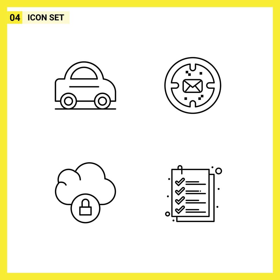 4 Creative Icons Modern Signs and Symbols of car lock business mail checkout Editable Vector Design Elements