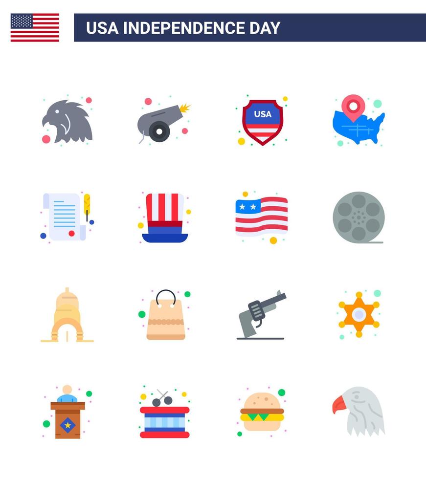 Pack of 16 creative USA Independence Day related Flats of receipt location pin shield wisconsin states Editable USA Day Vector Design Elements