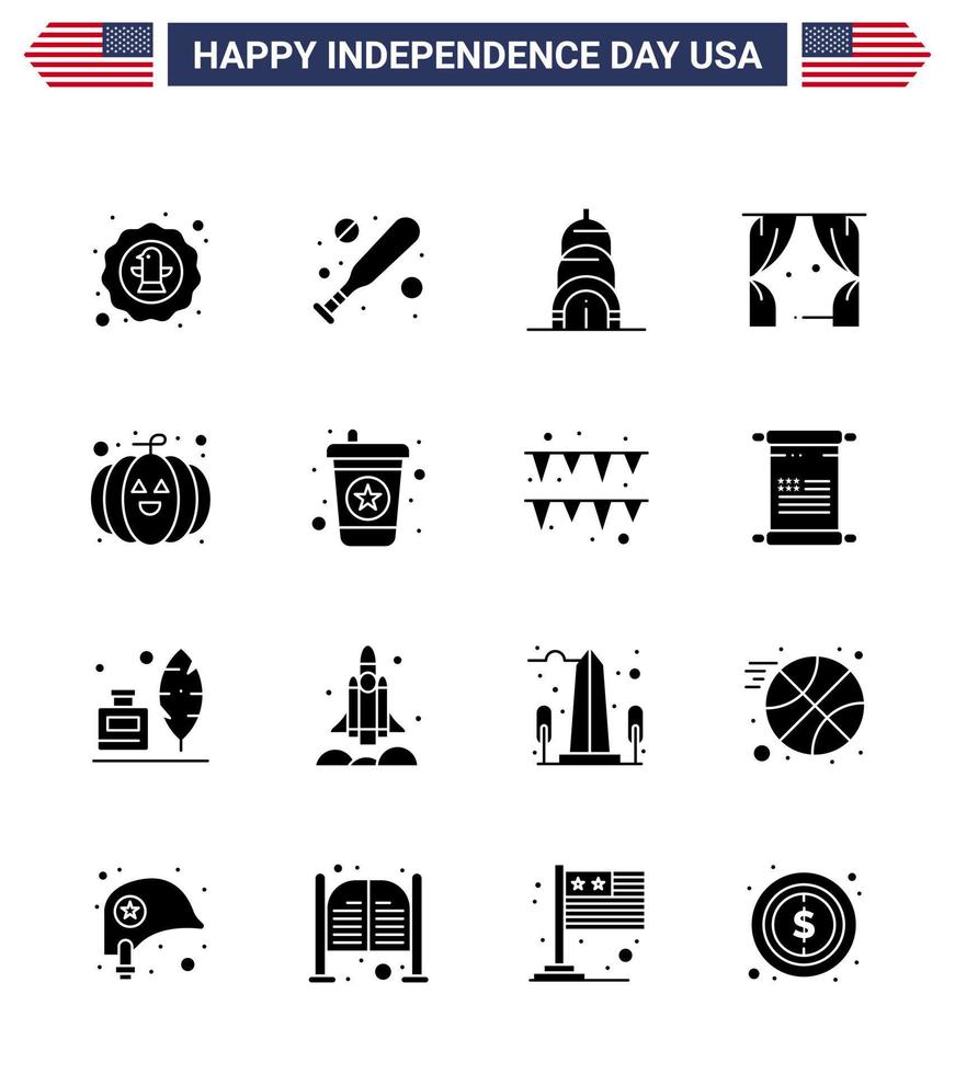 Pack of 16 creative USA Independence Day related Solid Glyphs of festival food chrysler usa leisure Editable USA Day Vector Design Elements