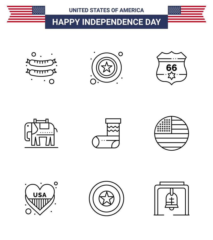 Pack of 9 USA Independence Day Celebration Lines Signs and 4th July Symbols such as gift christmas shield celebration american Editable USA Day Vector Design Elements