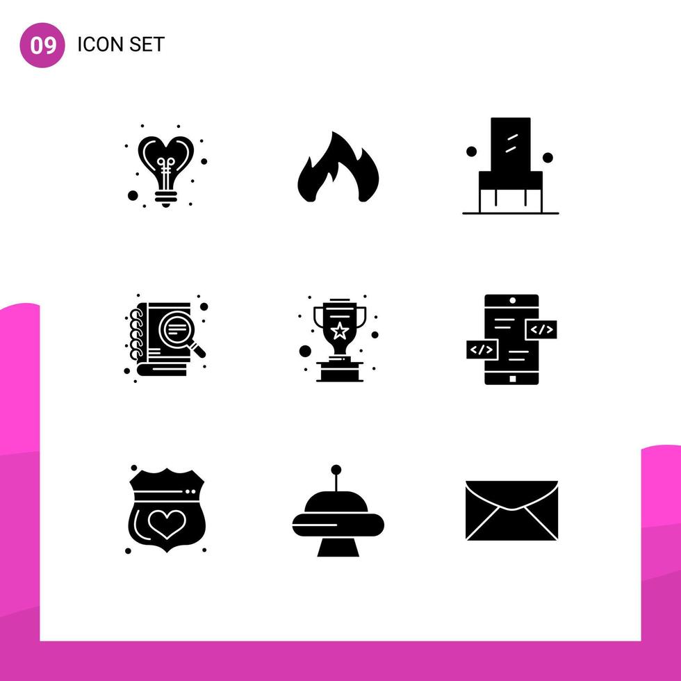 Set of 9 Commercial Solid Glyphs pack for cup seo chair search case study Editable Vector Design Elements