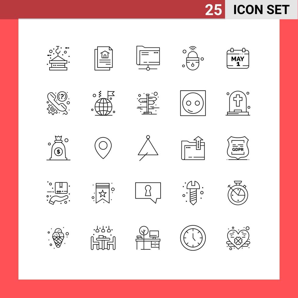 User Interface Pack of 25 Basic Lines of calendar secure folder lock internet of things Editable Vector Design Elements