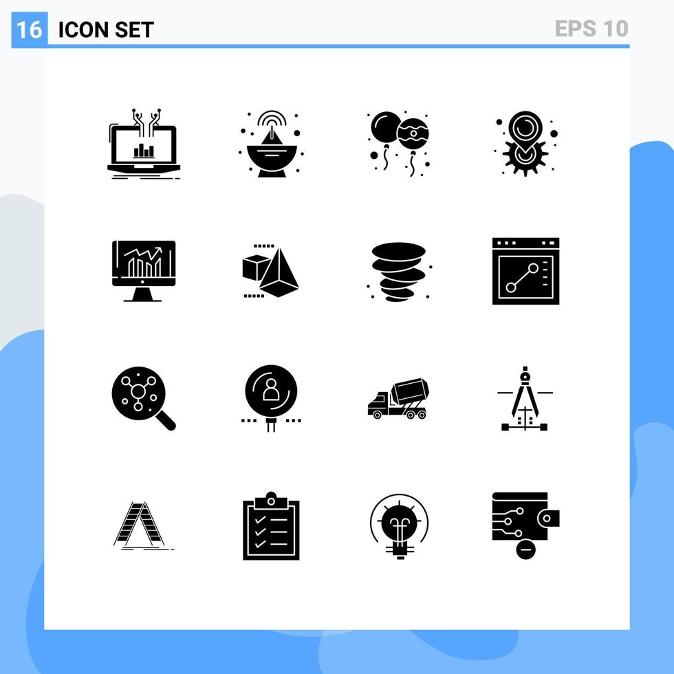 16 Universal Solid Glyphs Set for Web and Mobile Applications graph setting balloon map gear Editable Vector Design Elements