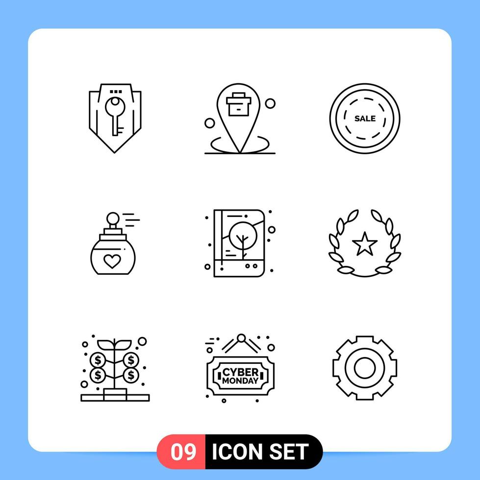 Paquete de iconos negros de 9 líneas símbolos de contorno para aplicaciones móviles aisladas en fondo blanco 9 iconos establecidos fondo de vector de icono negro creativo