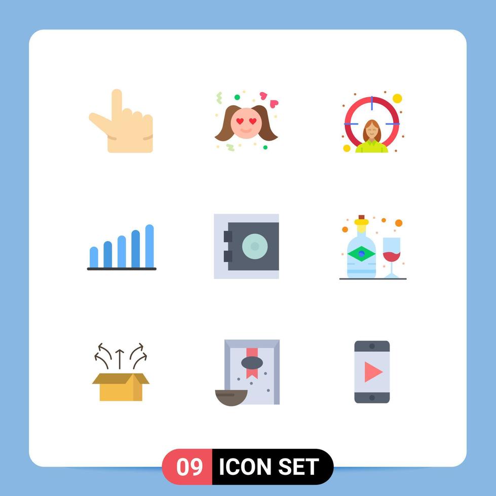 9 User Interface Flat Color Pack of modern Signs and Symbols of wine alcohol target safe bank Editable Vector Design Elements