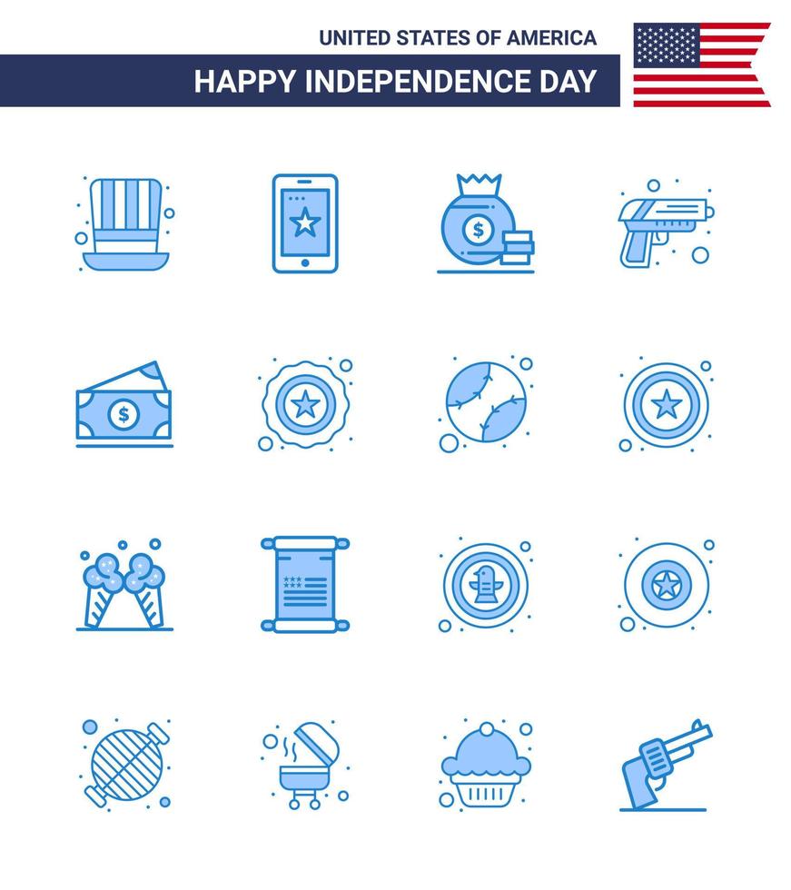 16 USA Blue Pack of Independence Day Signs and Symbols of money weapon dollar army gun Editable USA Day Vector Design Elements