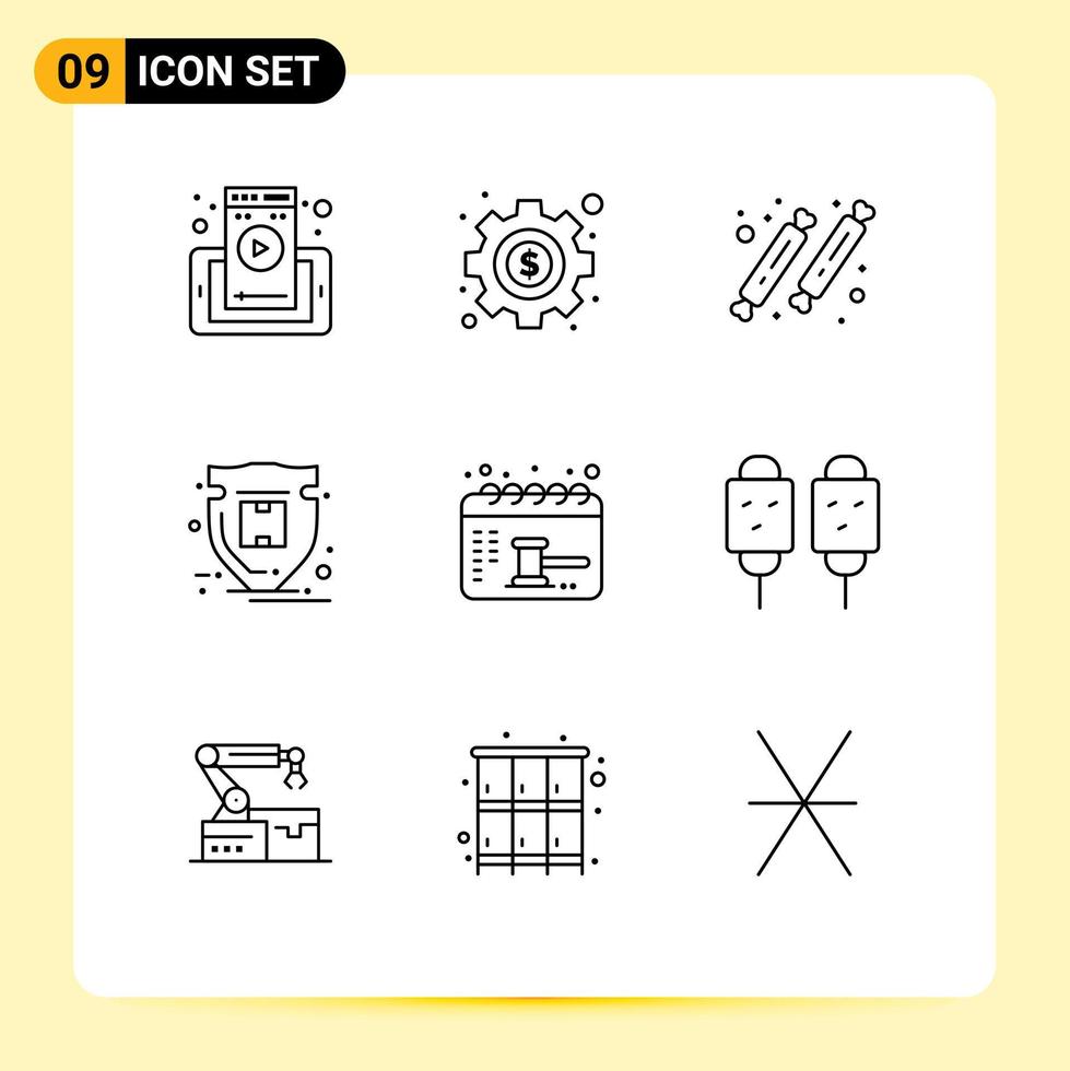 Editable Vector Line Pack of 9 Simple Outlines of calendar parcel food shield package Editable Vector Design Elements