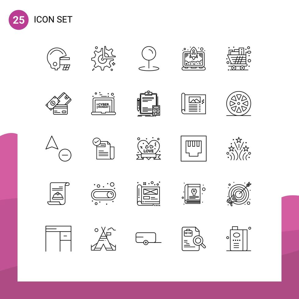 Set of 25 Modern UI Icons Symbols Signs for shopping full location cart rocket Editable Vector Design Elements