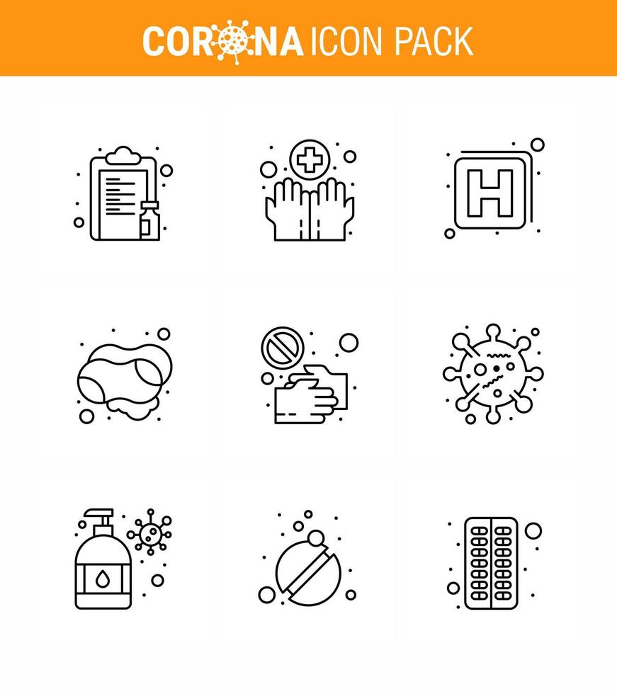 CORONAVIRUS 9 Line Icon set on the theme of Corona epidemic contains icons such as  hand hand soap washing soap cleaning viral coronavirus 2019nov disease Vector Design Elements