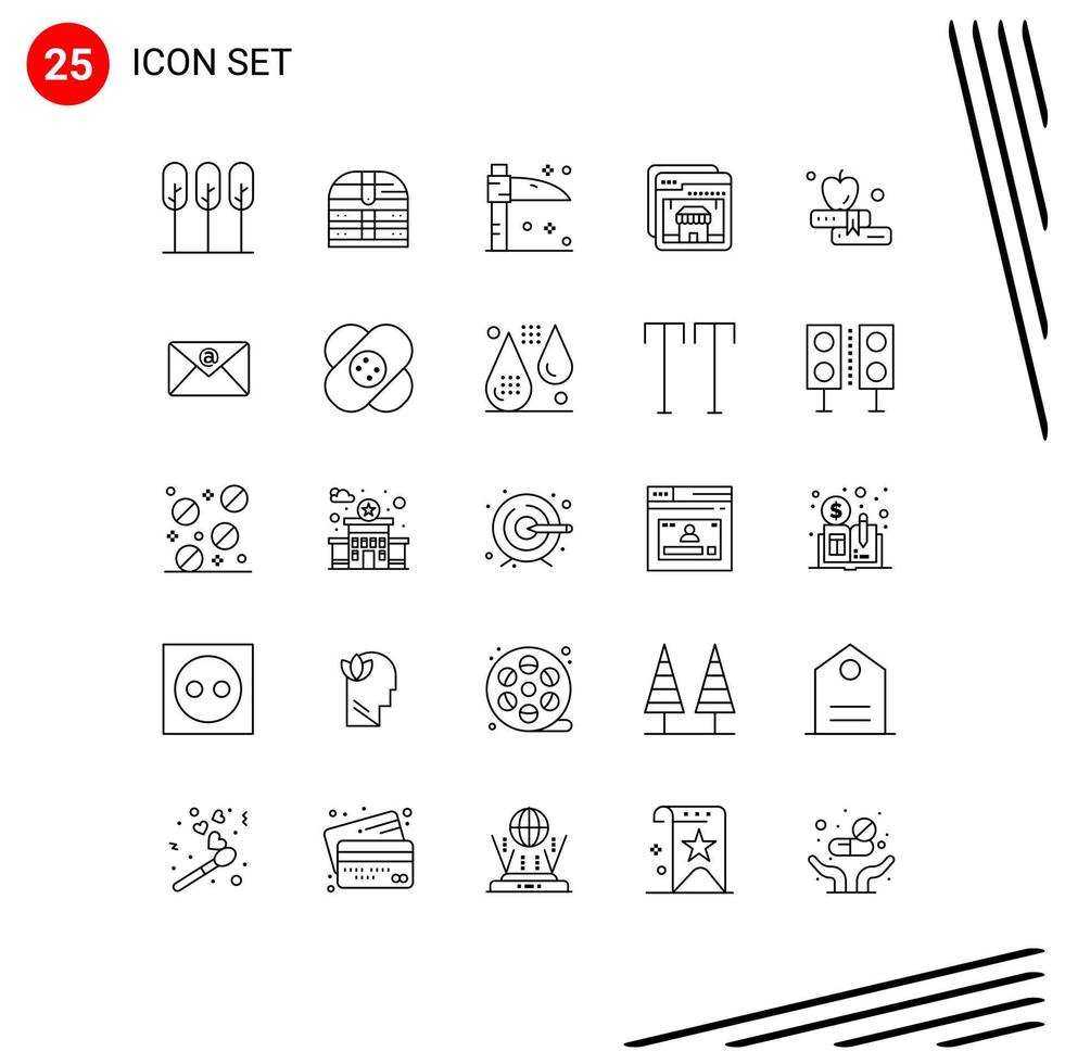 25 User Interface Line Pack of modern Signs and Symbols of education apple halloween shopping online Editable Vector Design Elements