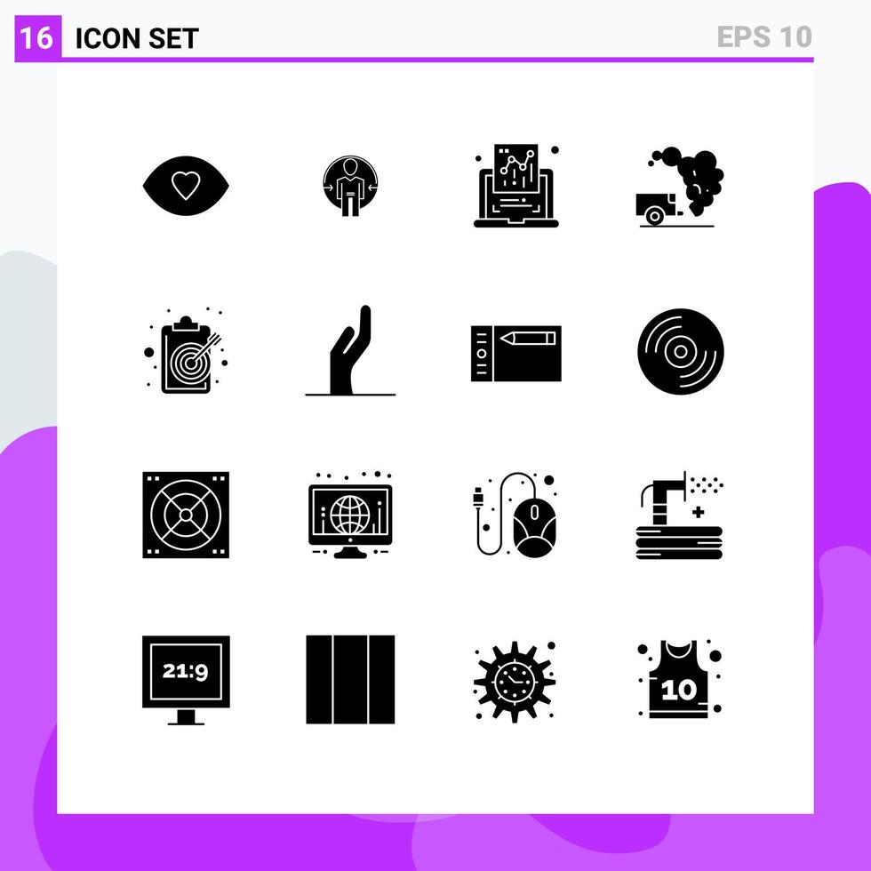 Modern Set of 16 Solid Glyphs Pictograph of aim garbage identity environment report Editable Vector Design Elements