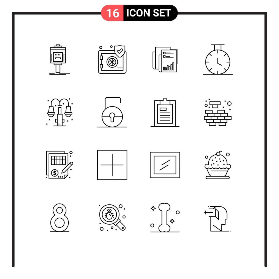 User Interface Pack of 16 Basic Outlines of time paper security marketing business Editable Vector Design Elements