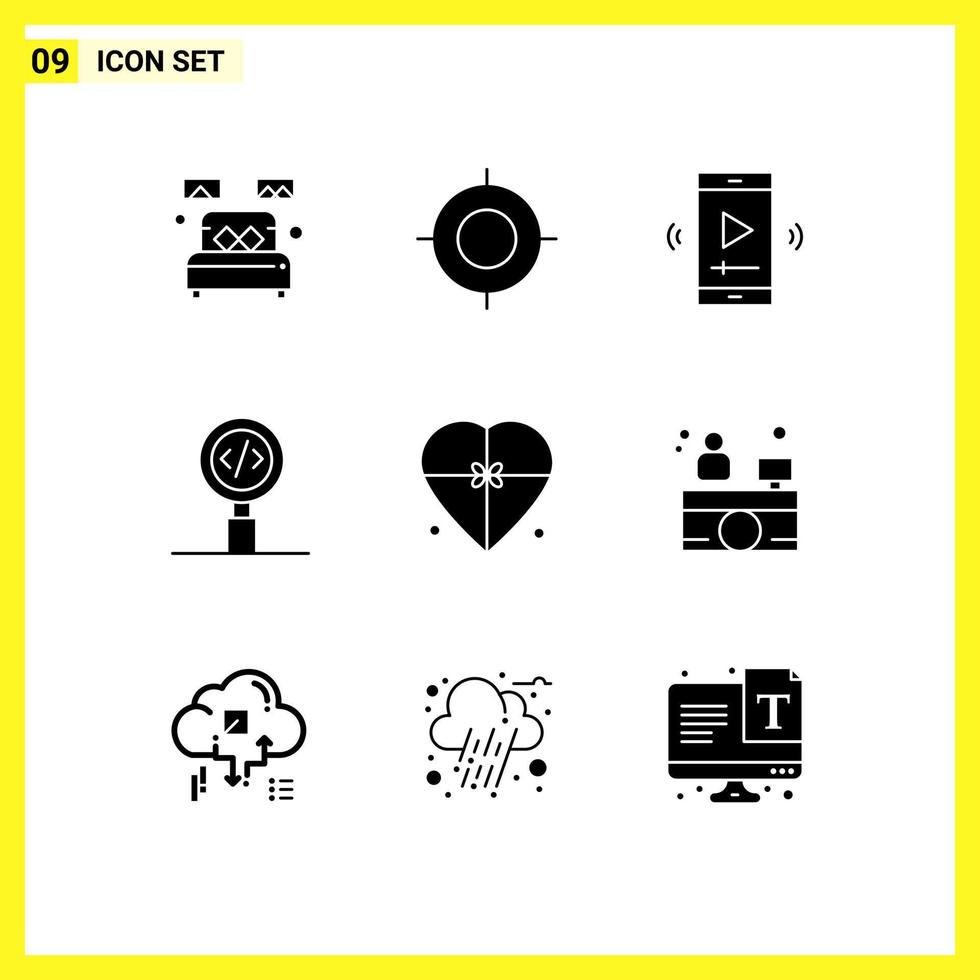 9 Universal Solid Glyphs Set for Web and Mobile Applications programming coding travel code video player Editable Vector Design Elements