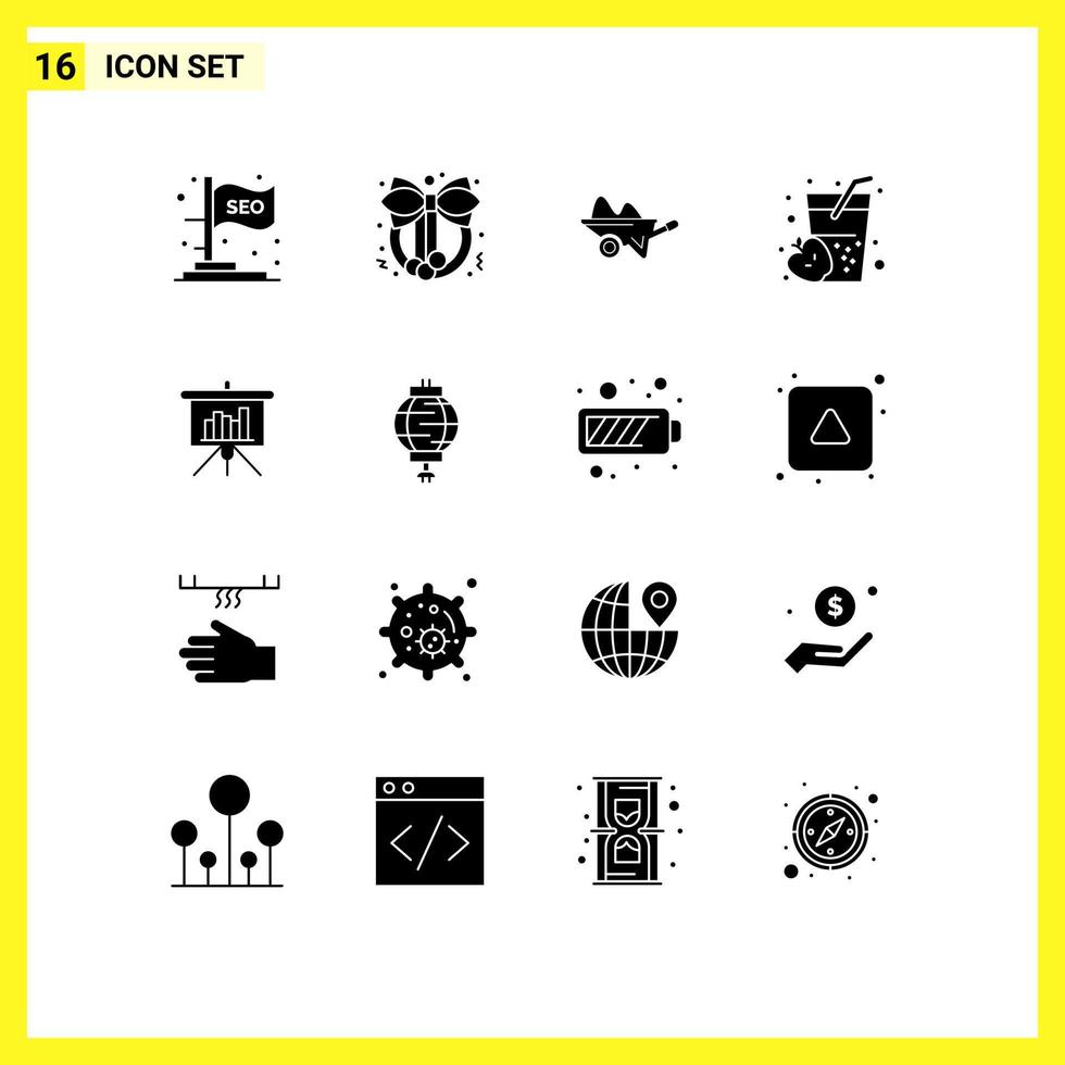 Set of 16 Vector Solid Glyphs on Grid for presentation food barrow drink tools Editable Vector Design Elements