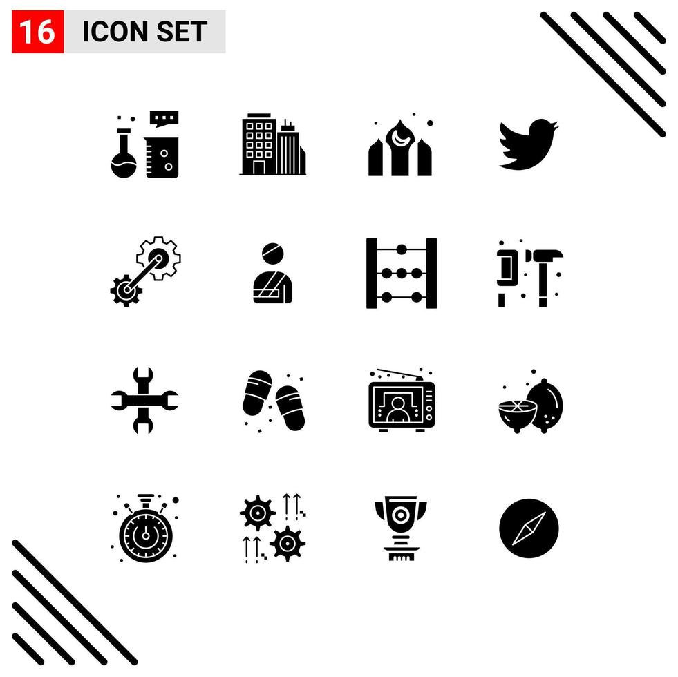 Universal Icon Symbols Group of 16 Modern Solid Glyphs of cogwheel twitter headoffice social ramadan Editable Vector Design Elements