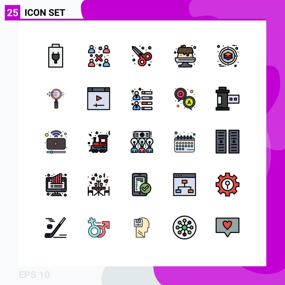 25 User Interface Filled line Flat Color Pack of modern Signs and Symbols of search management scissor tool deployment cake Editable Vector Design Elements