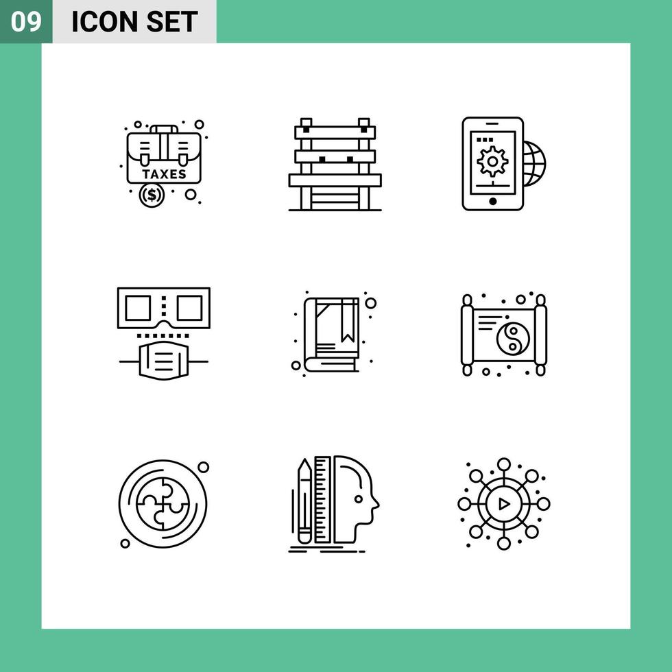 conjunto de pictogramas de 9 contornos simples de máscara de libro gafas de espera globo elementos de diseño vectorial editables vector