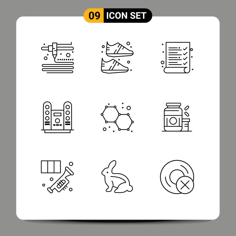 Universal Icon Symbols Group of 9 Modern Outlines of gainer molecule survey chemistry stage Editable Vector Design Elements