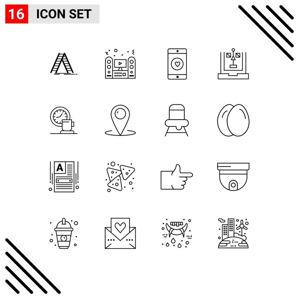 Pack of 16 Modern Outlines Signs and Symbols for Web Print Media such as flowchart develop system coding like Editable Vector Design Elements