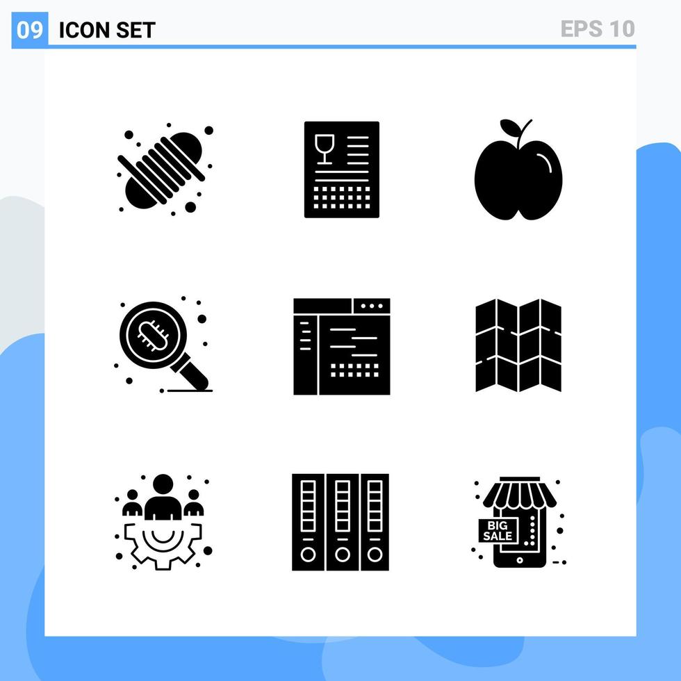 Modern 9 solid style icons Glyph Symbols for general use Creative Solid Icon Sign Isolated on White Background 9 Icons Pack Creative Black Icon vector background