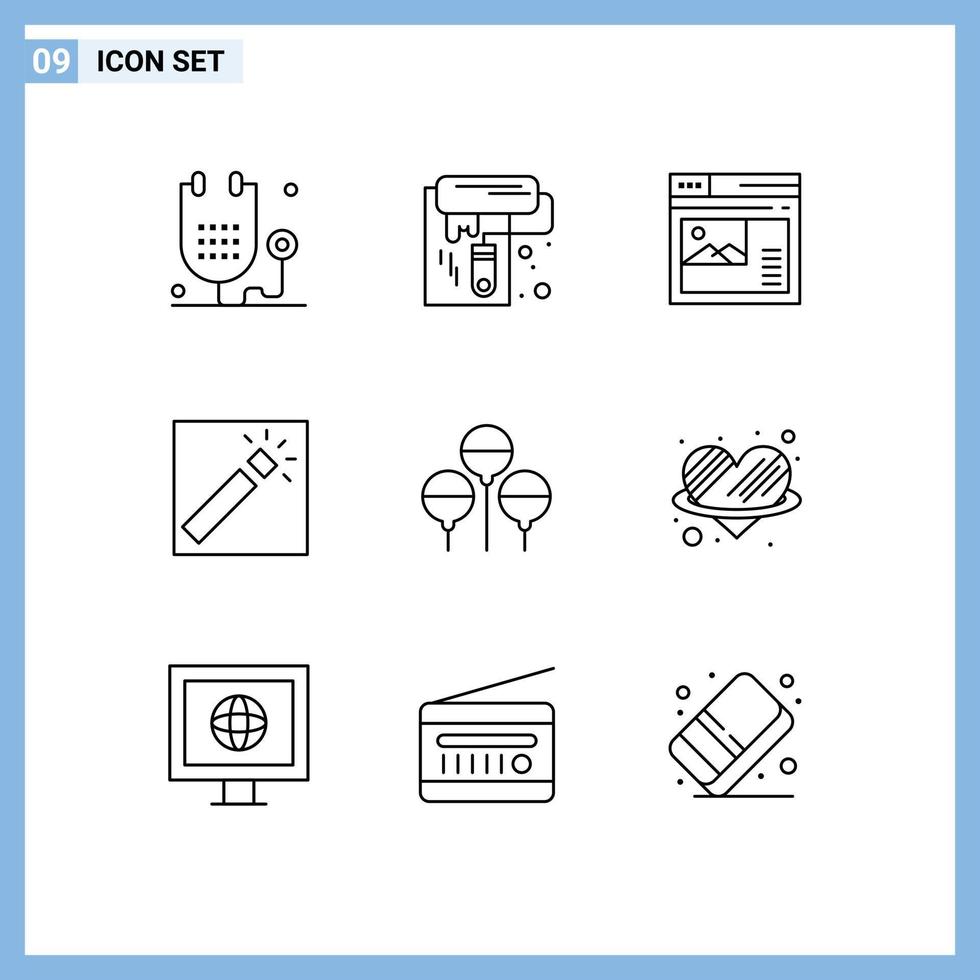Universal Icon Symbols Group of 9 Modern Outlines of retouch photographer tool photo website Editable Vector Design Elements