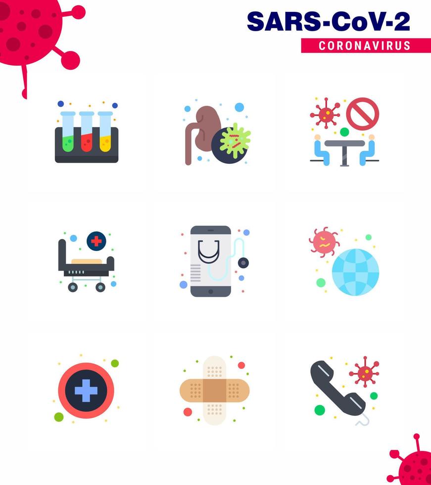 Coronavirus Precaution Tips icon for healthcare guidelines presentation 9 Flat Color icon pack such as  medical health conference wheels bed viral coronavirus 2019nov disease Vector Design Elemen